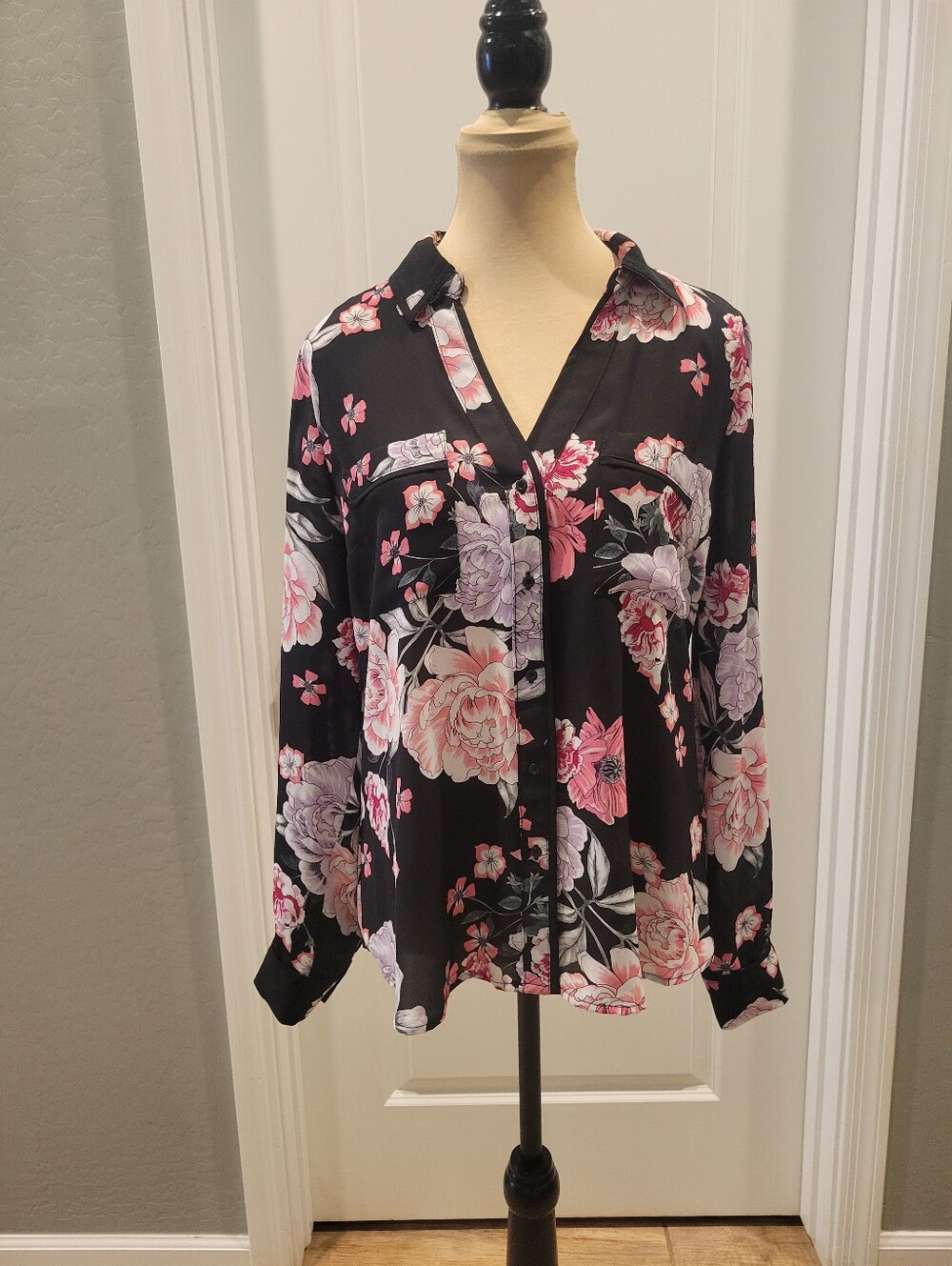 Candies Floral Button-Front Blouse - Black with Pink & Lavender Flowers